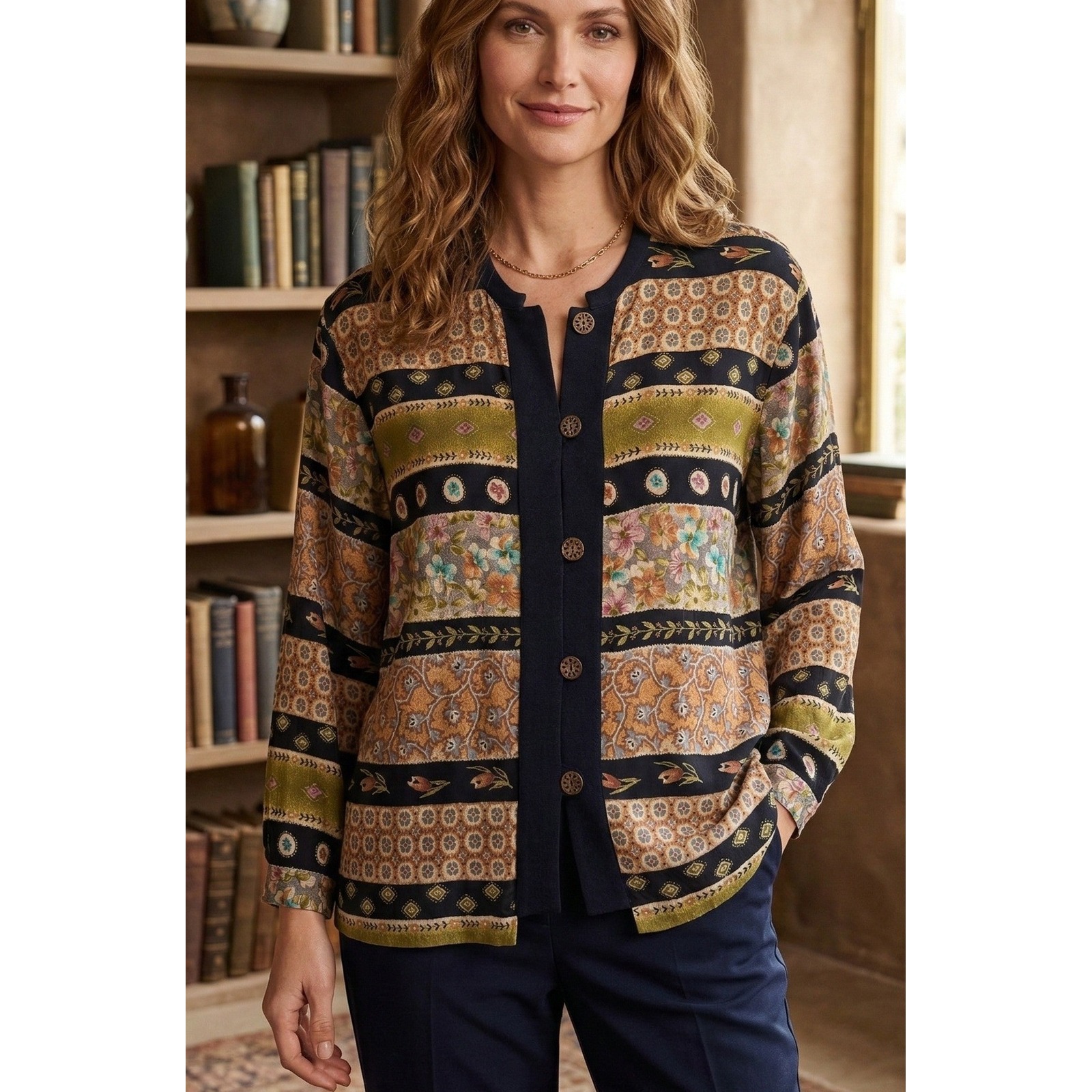 Coldwater Creek Floral Button Front Long Sleeve Blouse Women's Xl Boho Tunic